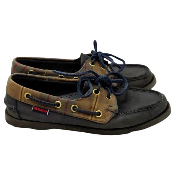Navy Plaid leather Boat shoes sz 6.5 by sebago - Picture 1 of 8